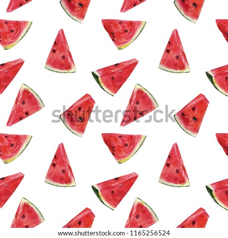 Bright watercolor seamless pattern with slices of watermelon on white background. Hand drawing.