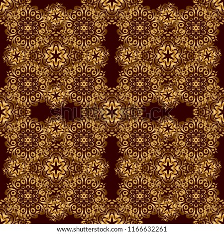 For printing on fabric, scrapbooking, gift wrapping. Vector seamless vintage pattern in gold on brown background.