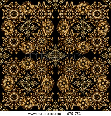 For wallpaper, presentation, design, textiles. Seamless image of the elements in gold color on black background.