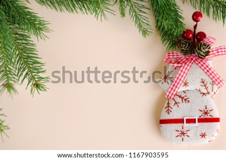 Christmas decoration elements and branch of spruce on pastel background. Copy space
