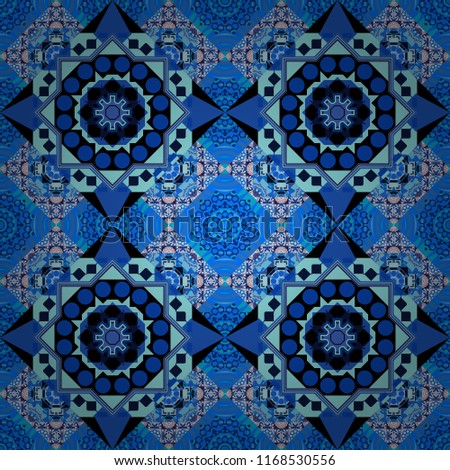 Vector illustration. Square seamless pattern design for pillow, carpet, rug. Design for silk neck scarf, kerchief, hanky. Abstract tiles with patterns in blue, black and violet colors.