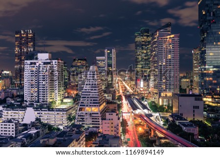 Bangkok business district cityscape with skyscraper at night, Thailand