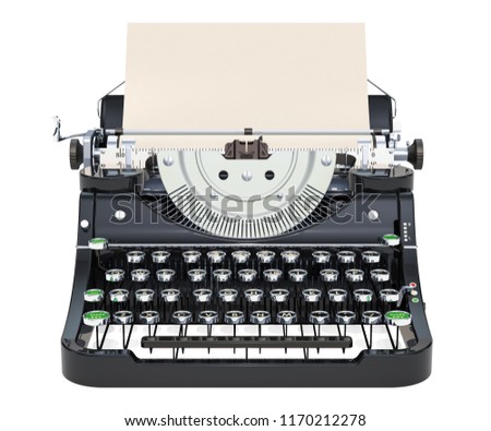 Typewriter with paper, front view. 3D rendering isolated on white background