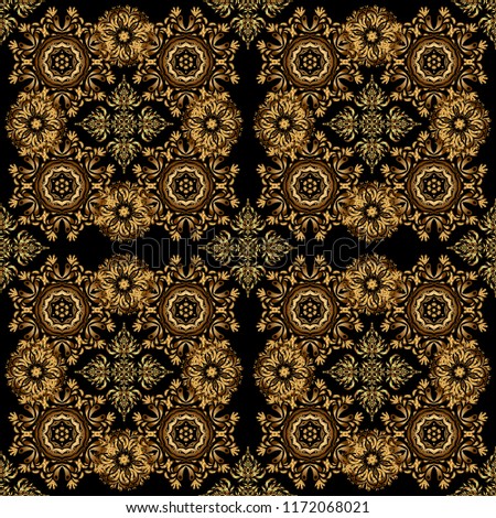 Golden ornate illustration for wallpaper. Traditional arabic decor on a black background. Vintage golden elements in Eastern style. Vector seamless pattern with gold ornament. Ornamental lace tracery.