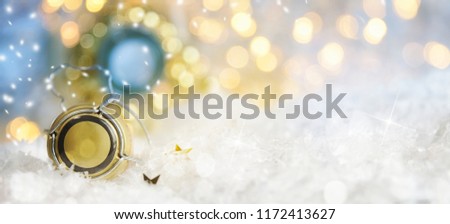 Christmas and New Year holidays background, winter season. Christmas greeting card with champagne cork