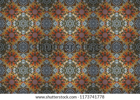 Colorful ethnic patterned background in blue, orange and green colors. Arabesque raster ornament. Old ceramic tile wall seamless pattern texture.