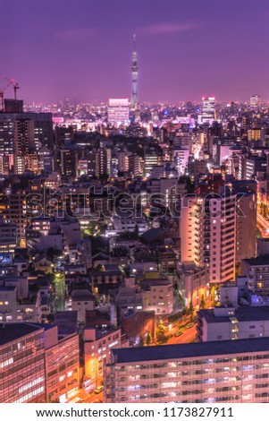 Aerial night view of the district of Korakuen in Tokyo with the skytree tower in background.
