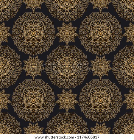 Mandala oriental vector seamless pattern. Luxury ornate background with golden round elements on black background. Premium texture for prints and decor