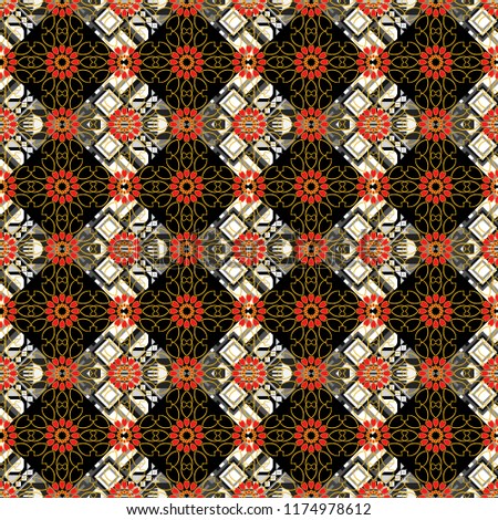 Ornate seamless texture background. Vector illustration. Different mosaic textures. Relief waves of ornamental mosaic tile patterns in black, gray and orange colors.
