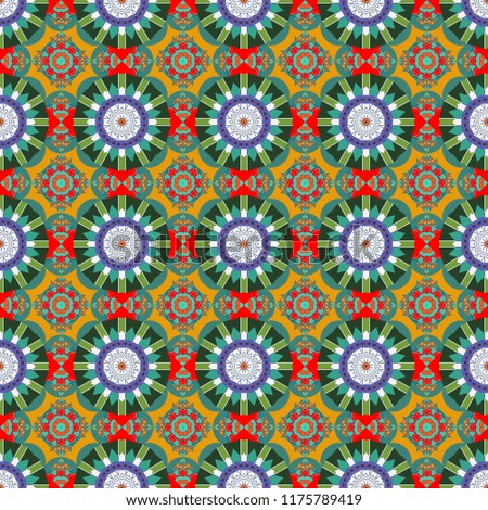 Brown, green and blue texture with Swirls, Mandalas, Doodle Flowers and Leaves, Deco Elements. Raster colored seamless pattern with Mandalas and floral ornament.