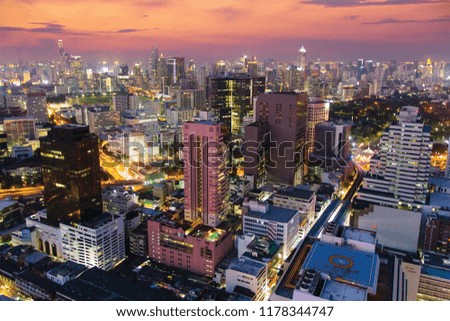 Colourful night view to Bangkok city with skyscrapers
