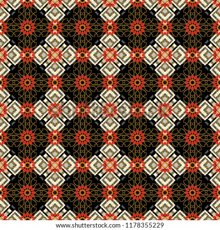Oriental vector ornament in black, gray and orange colors. Colorful ethnic seamless background pattern in the style of ceramic tiles.