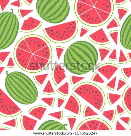 Vector illustration: seamless pattern with red flat cone, semicircle and circle pieces and entire watermelons icons with black seeds and green peel isolated on white background.