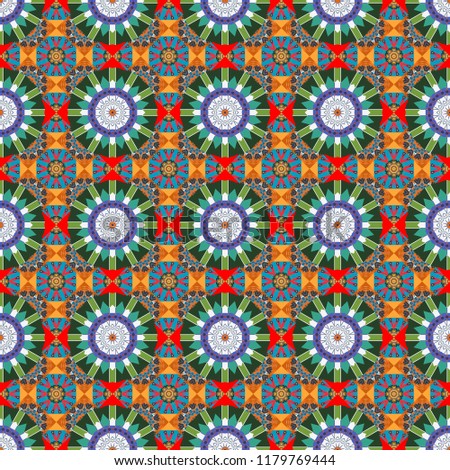 Geometric repeating wallpaper. Vibrant style pattern. Mandalas on the background. Abstract holographic seamless pattern in blue, green and orange colors.