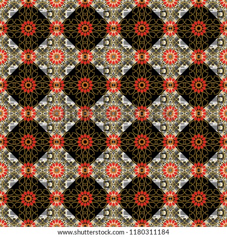 Seamless pattern, luxurious colourful old design. Carpet with ethnic ornament. Motley center in gray, black and orange tones.