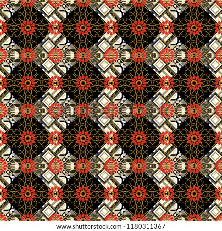 Traditional ethnic background in orange, black and gray colors. Colorful kaleidoscopic seamless pattern for textile, ceramic tiles, wallpapers and fabric.