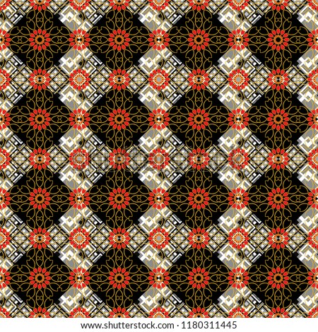 Abstract geometric seamless pattern painted in orange, black and gray colors. For furniture, fabric, textile. Vector geometric ornament texture with linear stars, angular geometric figures.