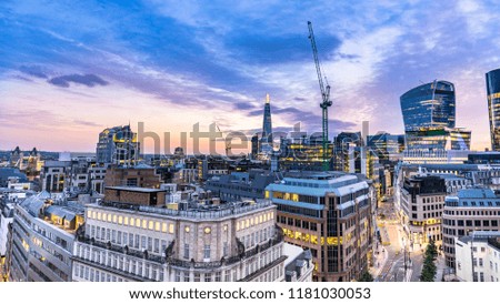 Aerial view of skyscrapers of the world famous bank district of central London