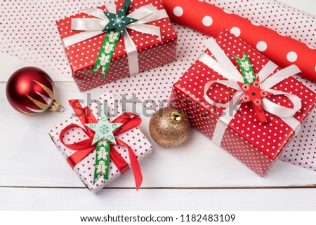 Christmas Background with Beautiful Gift Boxes Set of Christmas Gift Boxes New Year Background Flat Lay White Wooden Background Wrapping Paper
