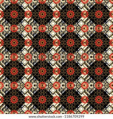 Abstract vector square seamless pattern in black, gray and orange colors.