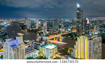 Bangkok city - Aerial view  curve Chao Phraya River Bangkok city downtown skyline of Thailand , Panoramic Cityscape Thailand