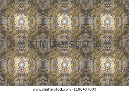 Damask gold abstract flower ornamental pattern on gray, white and brown colors. Ornate decoration. Raster illustration.