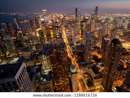 City lights and skyline of Chicago at night