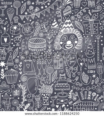 Seamless pattern with party doodles. Happy birthday backdrop. Hand drawn, doodle party