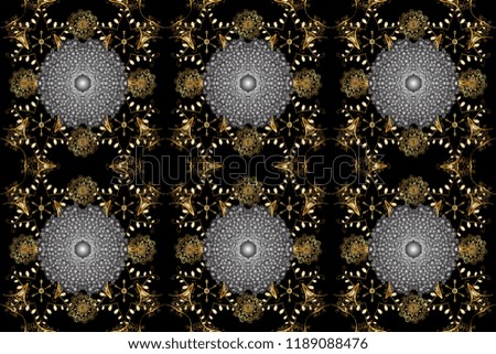 Damask seamless pattern for design. Raster seamless pattern on black, gray and brown colors with golden elements.