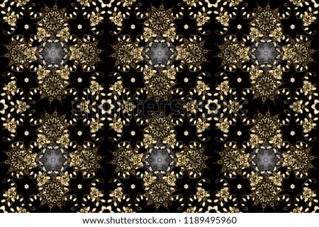 Vintage seamless pattern on a black, brown and beige colors with golden elements. Christmas 2019, snowflake, new year.