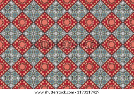 Raster seamless geometric pattern of pink, brown and gray tiles.
