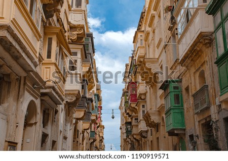 Narrow streets and buildings in Valetta, Malta