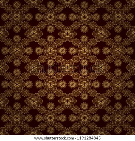 Vector illustration. Seamless pattern with golden elements on brown background. Good for Christmas cards, decoration, menus, web, banners and designs related to wine and holidays.