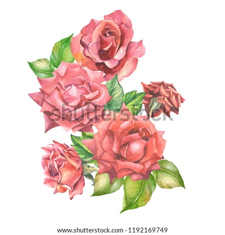 watercolor red roses bouquet with leaves