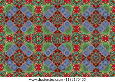 Raster seamless creative pattern with hand draw geometric composition in modern abstract style in blue, green and brown colors. Background for printing brochure, poster, textile design, fabric, card.