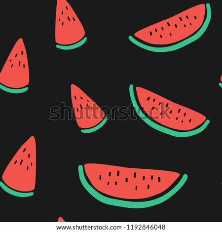 Vector tropical fruit background with watermelon. Summer exotic fruit seamless pattern on black