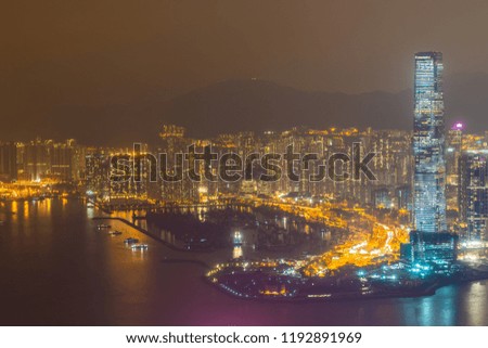 Beautiful architecture building exterior cityscape of hong kong city skyline at twilight and night