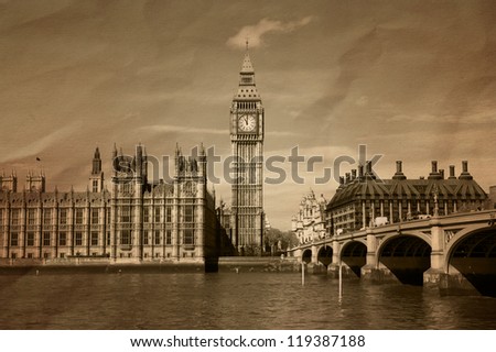 Vintage view of London,  Big Ben & Houses of Parliament