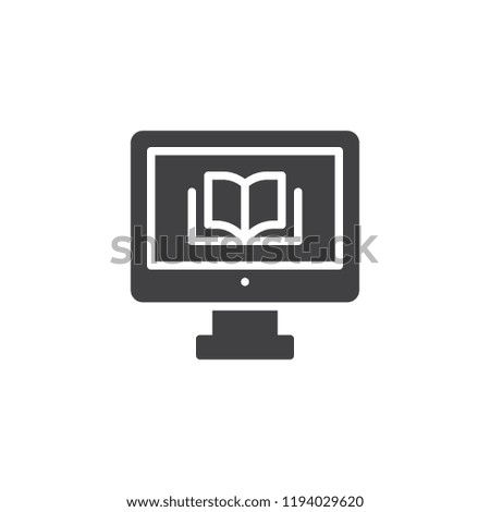 Computer with a book vector icon. filled flat sign for mobile concept and web design. Online reading ebook solid icon. Online education symbol, logo illustration. Vector graphics