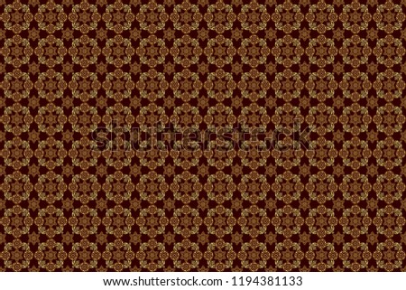 Abstract seamless pattern with golden repeating elements on brown background. Vintage brown and golden pattern. Oriental raster classic pattern.