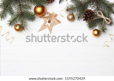 Christmas or New Year accessories on wooden background top view. Holidays, gifts, background, place for text. flatlay