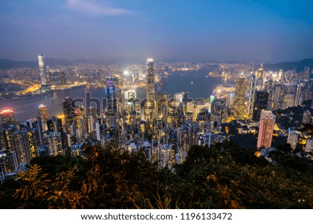Beautiful architecture building exterior cityscape of hong kong city skyline at twilight and night