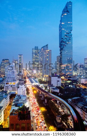 Bangkok city building tower skyline with skytrain nigh in Asia Thailand 