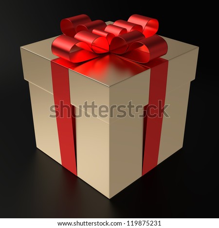 A gilt gift box with metallized red ribbon on black background. Computer generated image with clipping path.