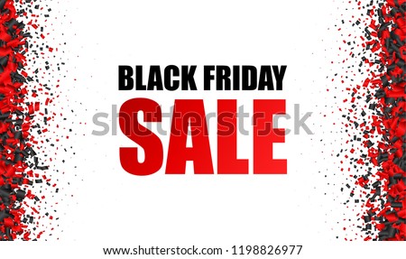 Black friday sale promo card with red paper confetti. Advertising flyer for store. Vector background. 
