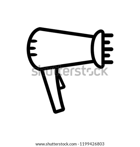 Vector illustration flat icon of isolated hair dryer with big brush. Black outline. White background