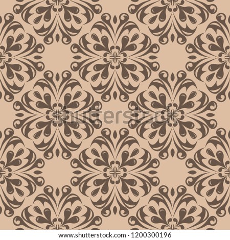 Brown floral ornamental design on beige background. Seamless pattern for textile and wallpapers