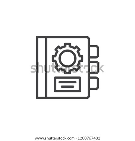 Manual book outline icon. linear style sign for mobile concept and web design. Agenda with gear simple line vector icon. Symbol, logo illustration. Pixel perfect vector graphics