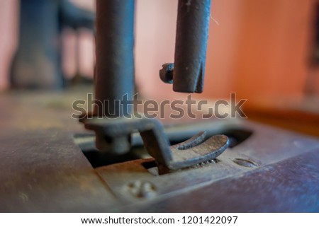 Closeup of selective focus of old sewing machine