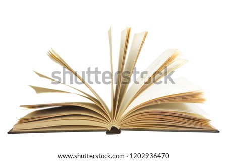 Open book with old yellow pages isolated on white background, side view                               